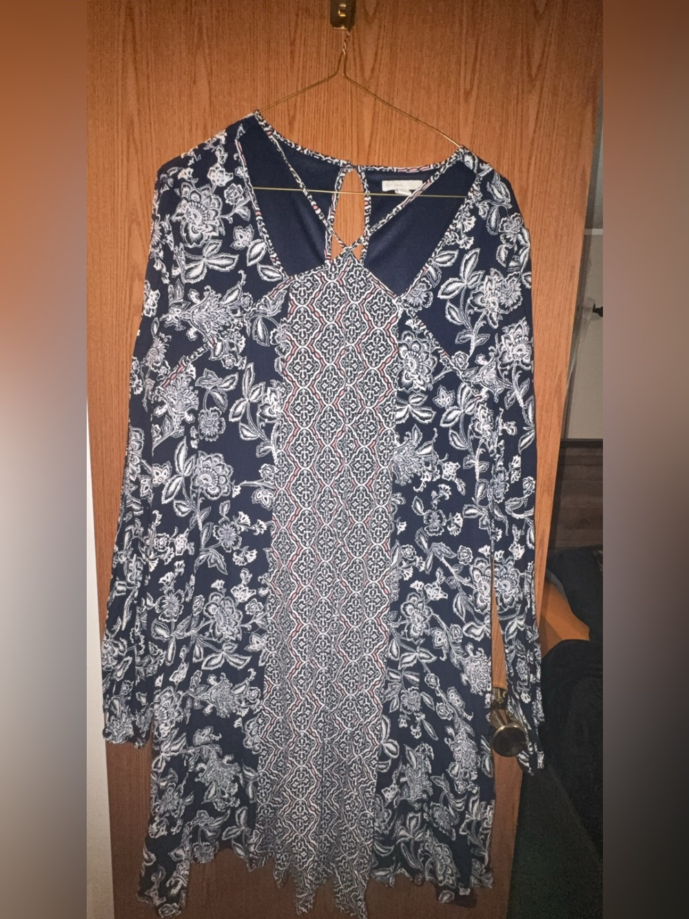 Navy Floral Mixed-Print Long-Sleeve Dress